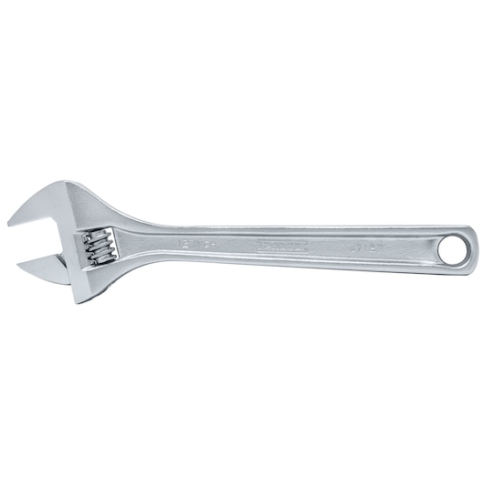 PROTO J712A adjustable wrench, silver, side angle, metal handle with hole, tool photography.