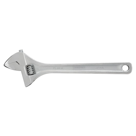Photo of PROTO J715B adjustable wrench in silver, side angle, white background.