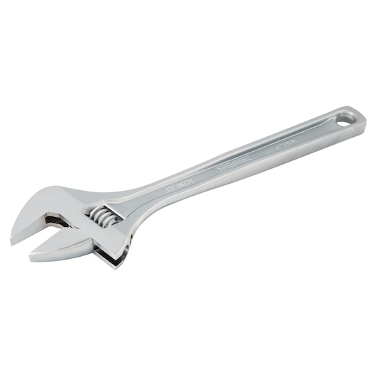 Photo of PROTO adjustable wrench J715B, silver, 15-inch, angled on white background.