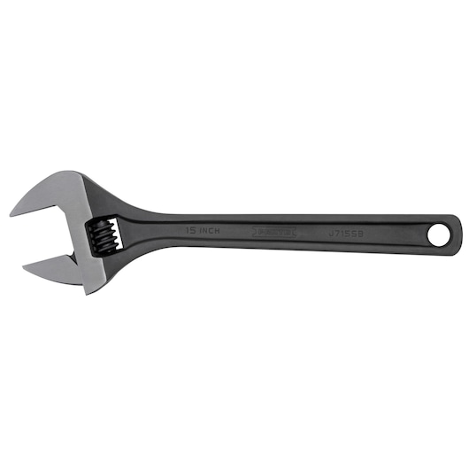 PROTO adjustable wrench J715SB, 15 inch, steel, black and silver, side angle on white background.