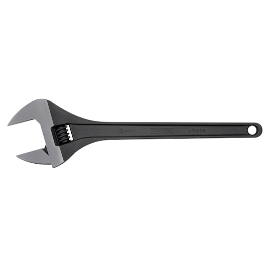 Photo of PROTO adjustable wrench J718SB, black metal, side angle on white background.