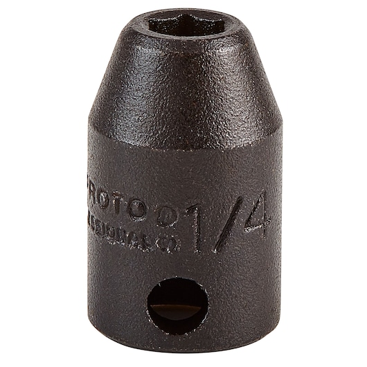 Photo of PROTO J7208H black socket adapter with 1/4 inch marking, upright angle, white background.