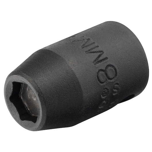 PROTO J7208MHF black 8mm impact socket, hex opening, close-up angle on white background.