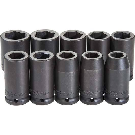 PROTO J72100M socket set, ten black impact sockets with size markings, front angle on white background.