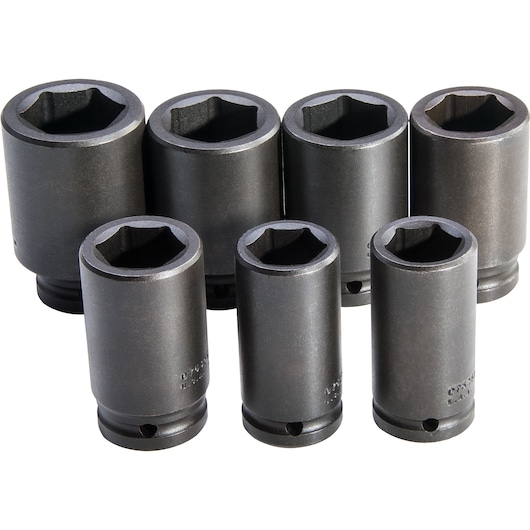 PROTO J72102M set of seven black impact sockets, product photography on white background.