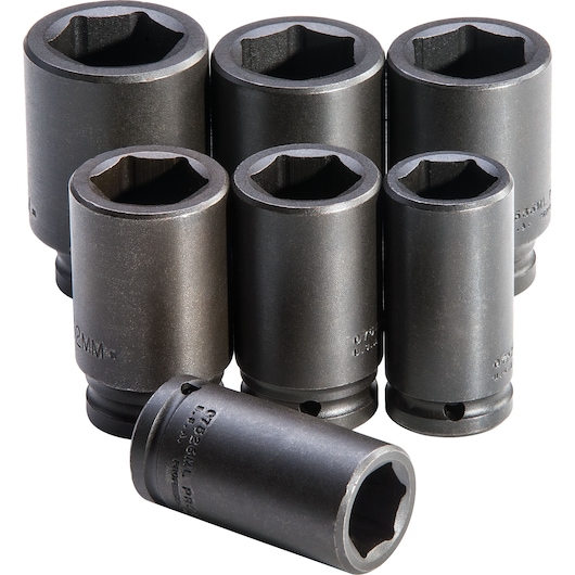 PROTO J72102M black impact socket set, seven pieces, cylindrical design, shown on white background, front angle.