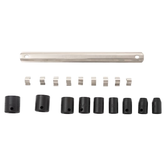 PROTO J72102 socket organizer set with black sockets, metal clips, and bar, top view on white background.