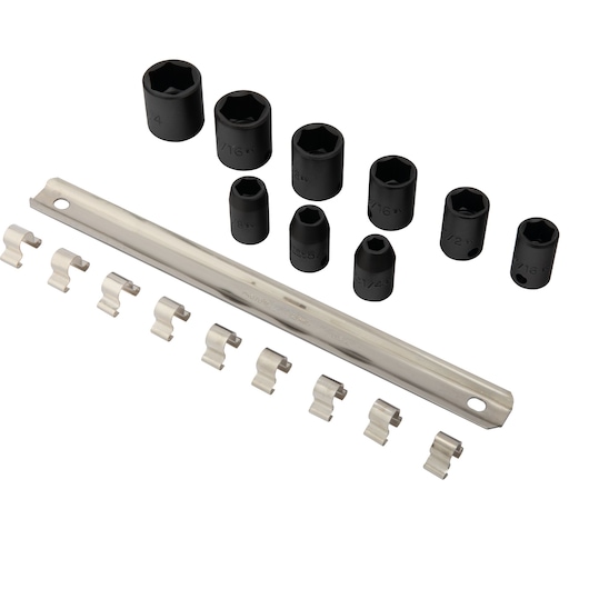 PROTO socket set with ten black sockets and a metal rail with clips, SKU J72102, top-down view on white background.