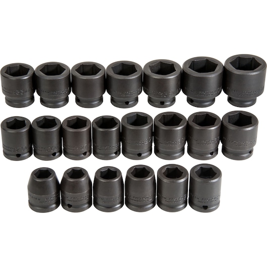 PROTO J72103M metric impact socket set, 19-piece, dark steel, shown from above on white background.