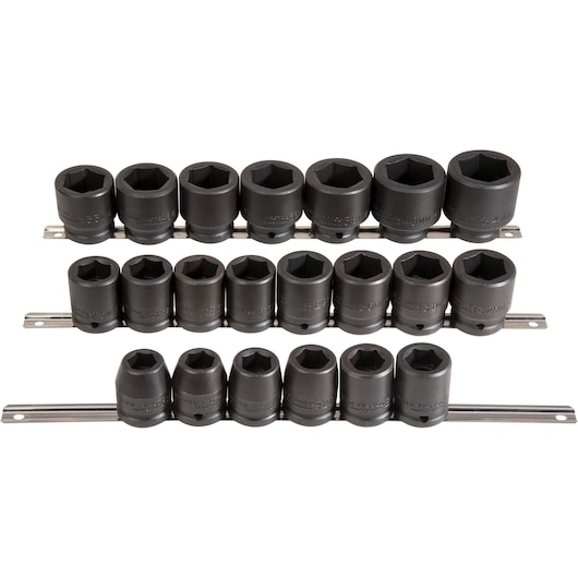 PROTO J72103M socket set, 19-piece, black finish, shown on metal rails, product photography, front angle.