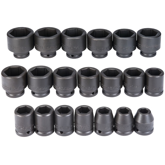 PROTO J72103 socket set, 19-piece, black finish, arranged in three rows, product photography on white background.