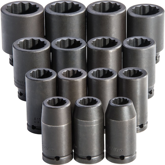 PROTO J72104M set of dark gray 12-point impact sockets arranged upright on white background, front angle.