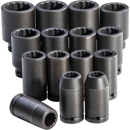 PROTO J72104M impact socket set, 14-piece, black finish, metric sizes, front angle on white background.
