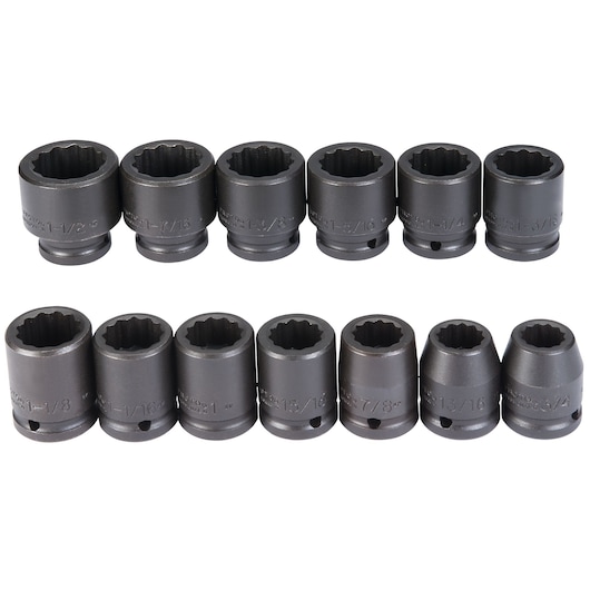 PROTO J72104 socket set, twelve-piece, black finish, shown from above on white background.