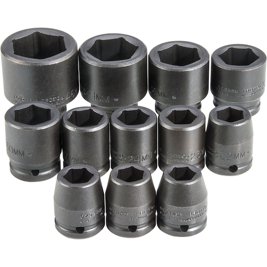 PROTO J72105M impact socket set, 12-piece, various metric sizes, black finished steel, front angle on white background.