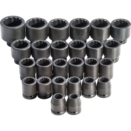 PROTO J72106M 26-piece impact socket set, dark steel, 12-point metric sockets arranged in triangle, front angle.