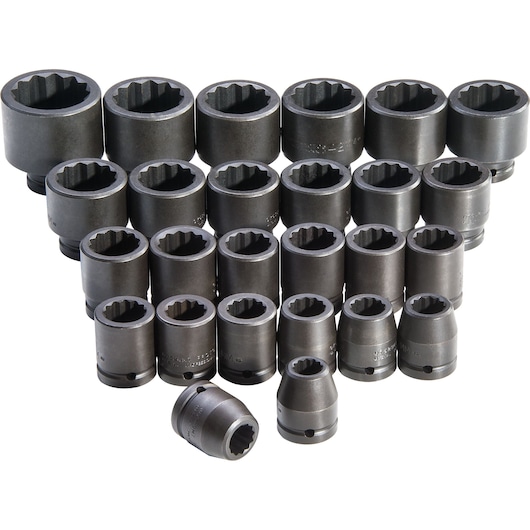 PROTO J72106M 6-point impact socket set, 26-piece, photography of sockets arranged in triangle, front angle.