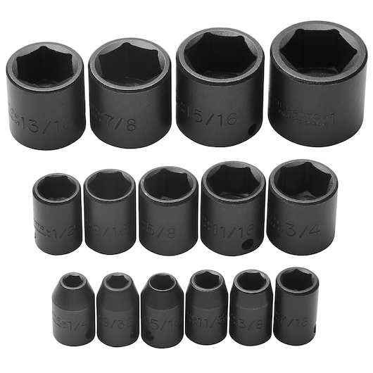 PROTO J72106 black steel socket set, photography of 14 sockets on white background, front angle.