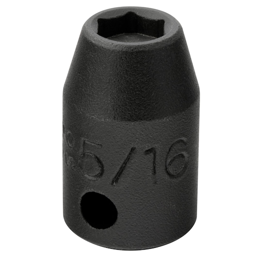PROTO J7210HF black hex impact socket front angle, 5/16 size embossed, photography on white background.