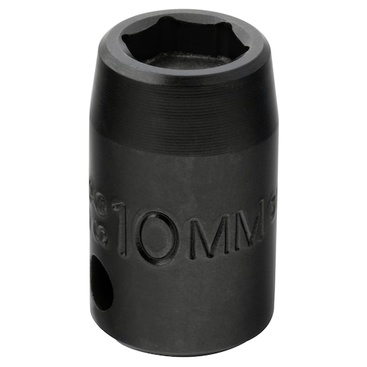 PROTO J7210MPF black 10mm impact socket, cylindrical, hex opening, front angle on white background.