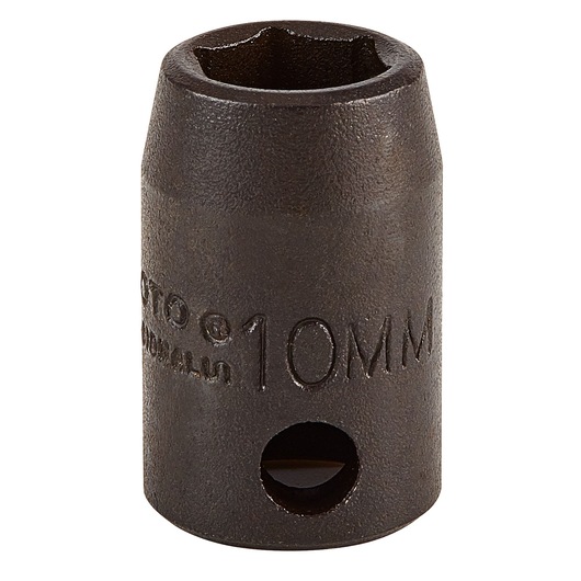 PROTO J7210M black 10mm impact socket on white background, front angle, tool accessory.