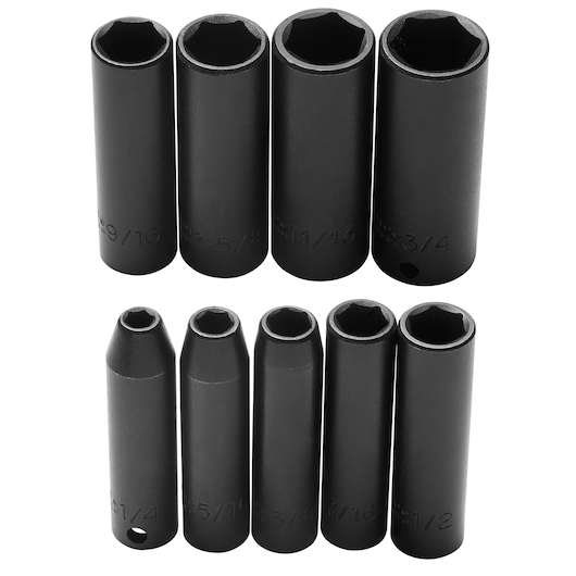 PROTO J72112 black deep impact socket set, ten pieces arranged upright, front angled view on white background.
