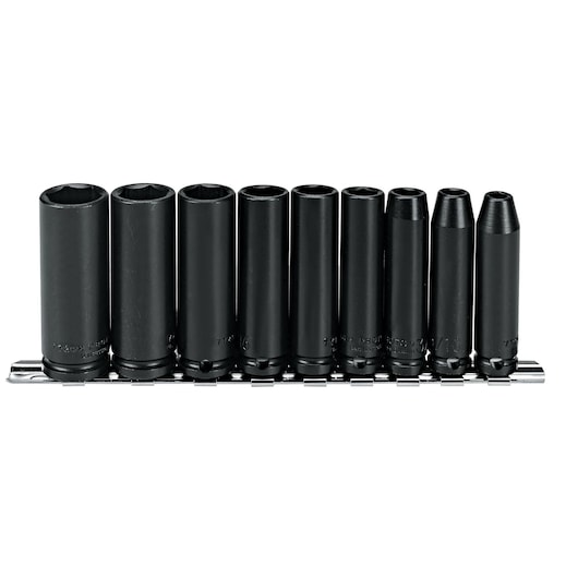 PROTO J72112 black deep impact socket set, 10 pieces, arranged on a metal rail, front angle, white background.