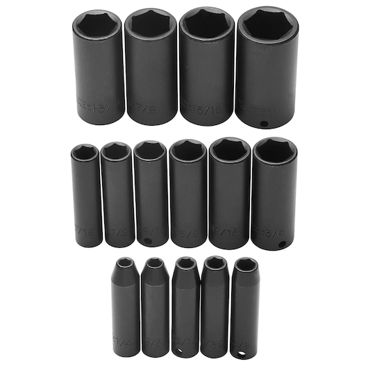 PROTO J72116 black impact socket set, 14 pieces, various sizes, arranged on white background, front angle.