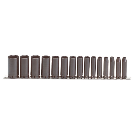 PROTO J72116 deep impact socket set, 15-piece, black finish, arranged on rail, front angle, white background.
