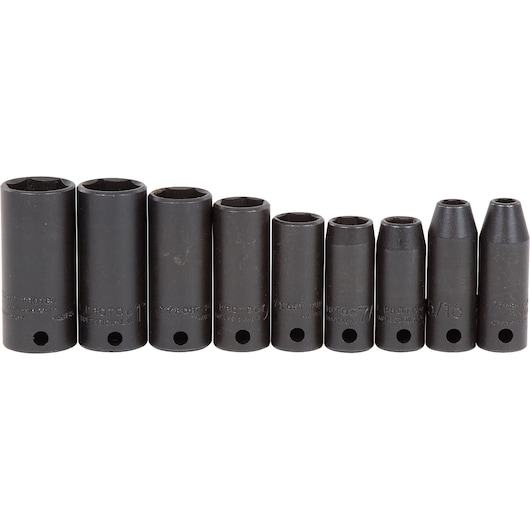 PROTO J72117 deep impact socket set, nine-piece, black finish, front angle on white background.