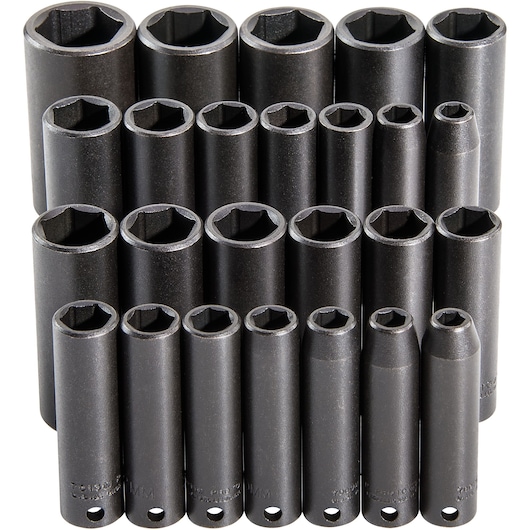 PROTO J72118 deep impact socket set, black finish, front angle, arranged in rows.