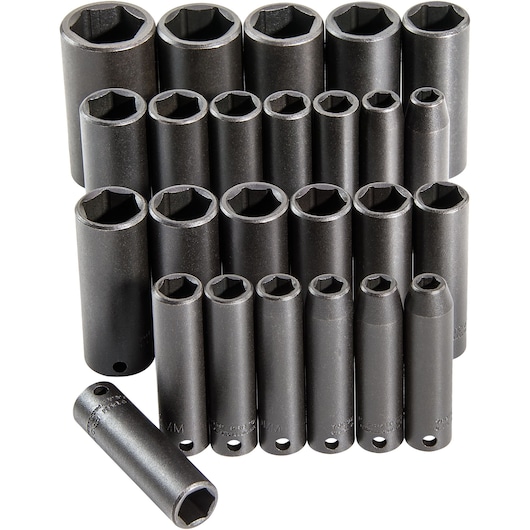 PROTO J72118 socket set, 19-piece, black finish, deep impact sockets, photo on white background.