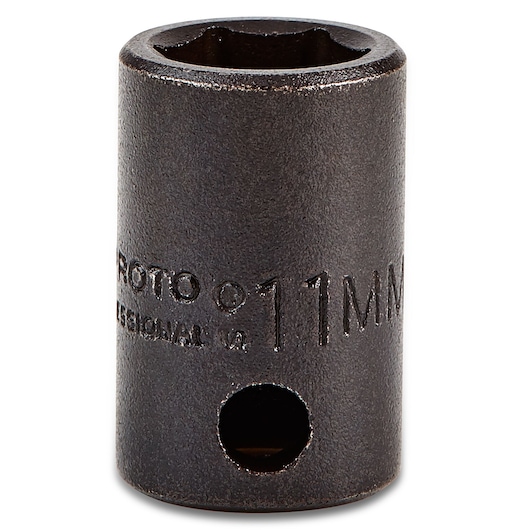 PROTO J7211M 11mm impact socket, black finish, hex opening, front angle on white background.
