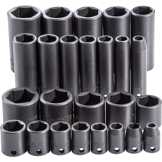 PROTO J72125 deep impact socket set, 19-piece, matte black finish, shown from the front on a white background.