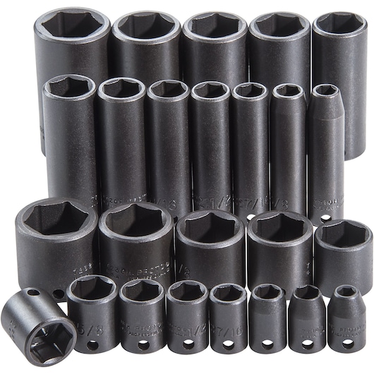 PROTO J72125 black finish socket set photography, front view, assorted deep and shallow sockets.