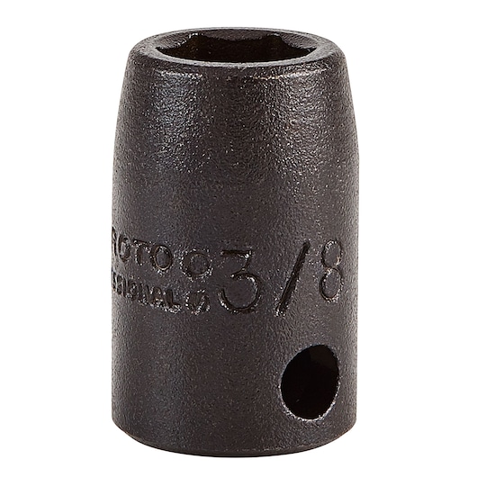 PROTO J7212H black 3/8 inch drive impact socket, cylindrical, side angle on white background.