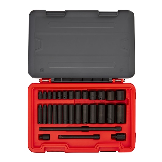 PROTO J72131IM socket set in red plastic case, shown from above with lid open displaying multiple black sockets and accessories.