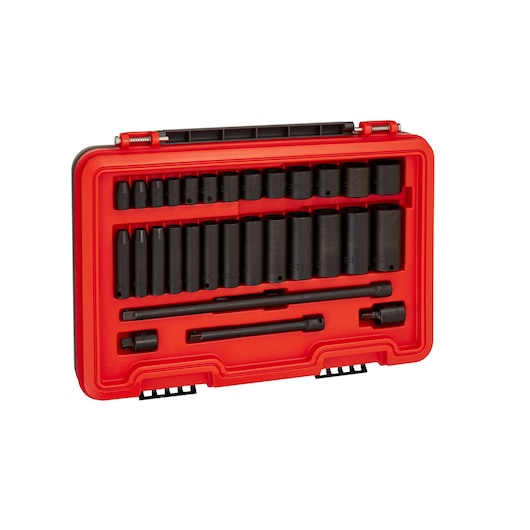 PROTO J72131IM socket set in red hard case, various black sockets and accessories, front angle on white.