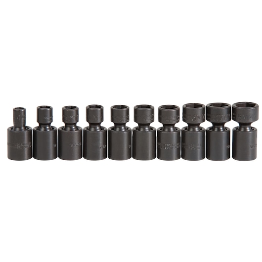 PROTO 10-piece black impact socket set, metric sizes, J72133M, straight angle on white background.