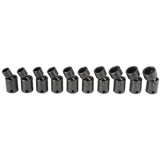 PROTO J72133M set of black impact universal joint sockets, metric, arranged in a row, front angle, white background.