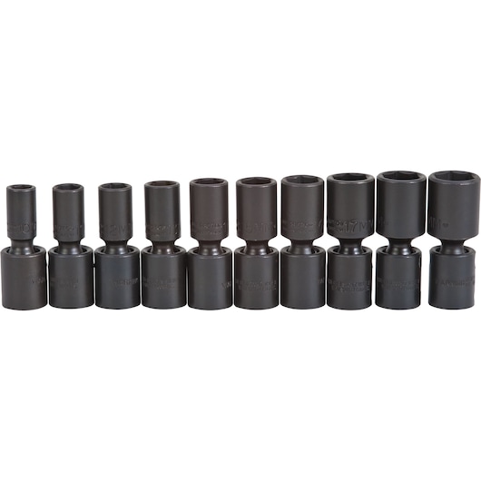 PROTO J72135M set of ten deep impact sockets, black finish, shown in a row, front angle, on white background.