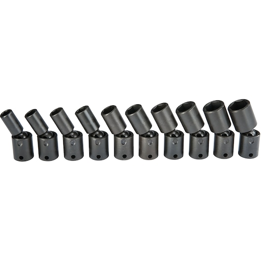 PROTO J72135M black socket set with swivel adapters, 13 pieces, front angle, white background.