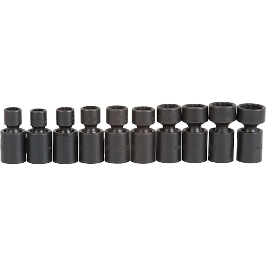PROTO J72137M impact socket set, 10-piece, metric sizes, black finish, front angle, sockets in a row.
