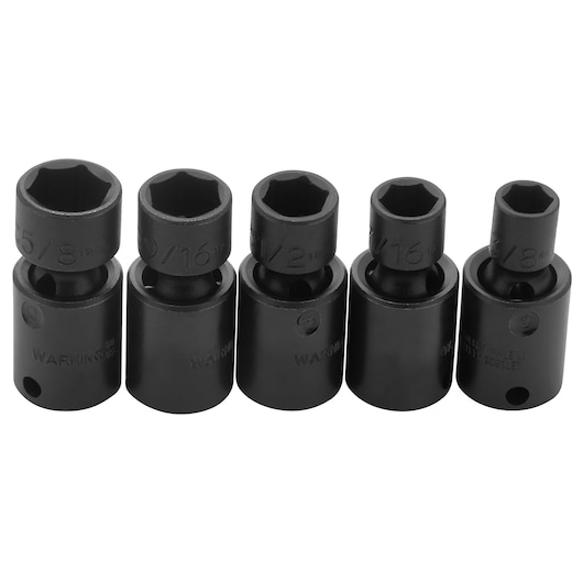 PROTO J72142 black impact socket set, five sizes, front angle, white background.