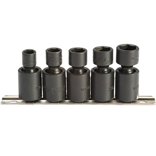 PROTO J72142 impact socket set, five black sockets on metal rail, front angle, white background.