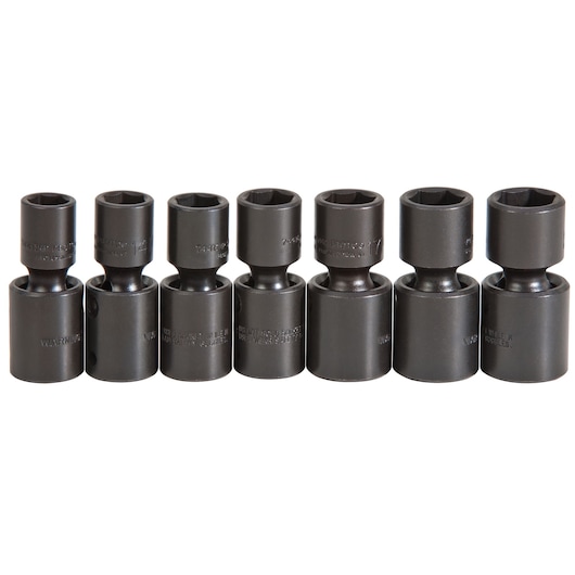 PROTO j72143M set of seven black impact swivel sockets, front angle, shown upright on white background.