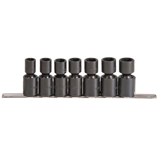 PROTO j72143M black 7-piece socket set on rail, front angle, automotive tool photography