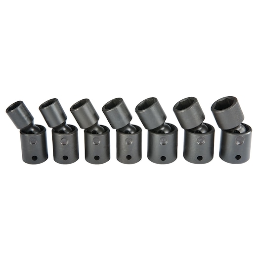 PROTO j72143M black universal joint socket set, 7 pieces, front angle on white background.