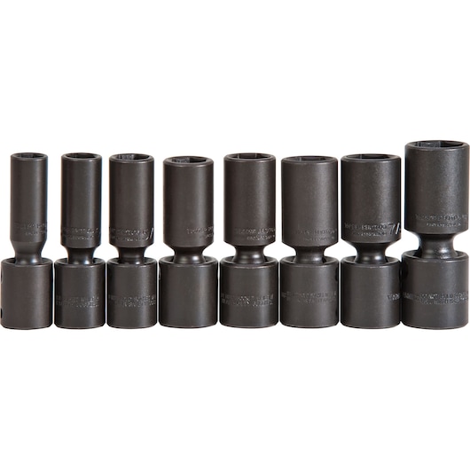 PROTO J72145 dark steel deep impact socket set, eight sockets, front angle, white background