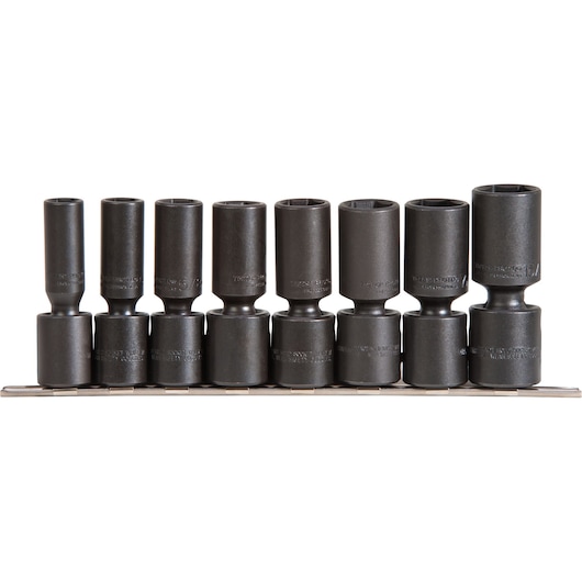 PROTO J72145 black impact socket set, eight pieces on metal rail, front angle, white background.
